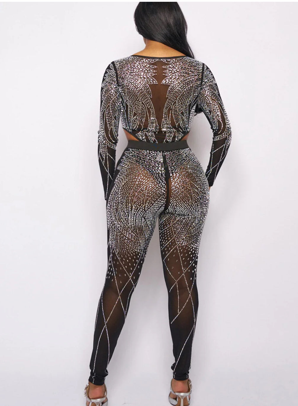 BLACK WOMEN'S LONG SLEEVE BODYSUIT & ELASTIC WAIST PANTS MESH STUDS 3PC. SET BCCBPS24077