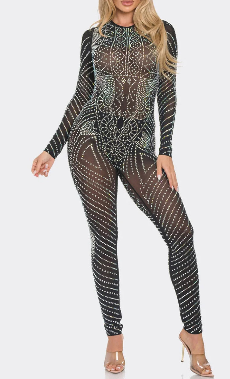 BLACK WOMEN'S LONG SLEEVE STUDS MESH JUMPSUIT BJS12918