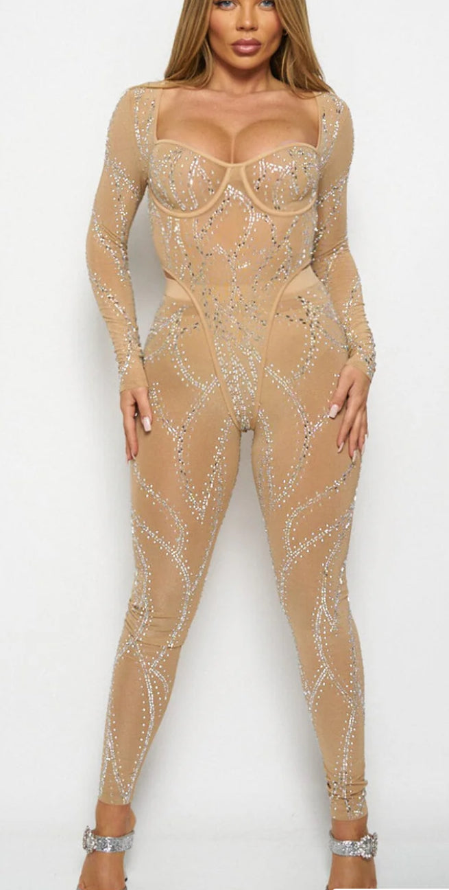 NUDE WOMEN'S LONG SLEEVE BODYSUIT & ELASTIC WAIST PANTS STUDS 3PC. SET BCCTPS12689
