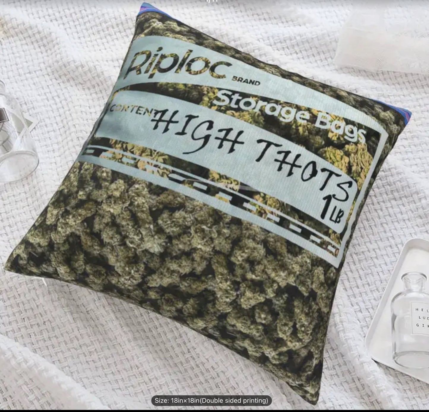 Ziplock Vintage Weed Baggie Pillow, 18x18”