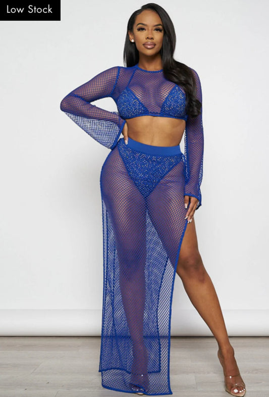 ROYAL BLUE WOMEN'S LONG SLEEVE CROP TOP WITH BRALETTE & ELASTIC WAIST MAXI SKIRT STUDS FISH NET 3PC. SET. BCCT 70805