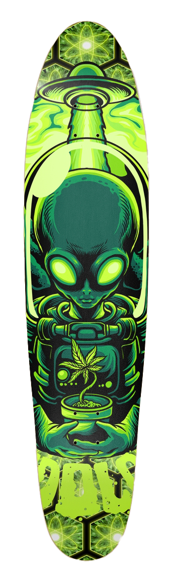 🛸👽 Product Title (for site):  “Alien Intervention” – Budology® Skateboard Cosmic Weed. Galactic Warnings. Skate or Be Enlightened.