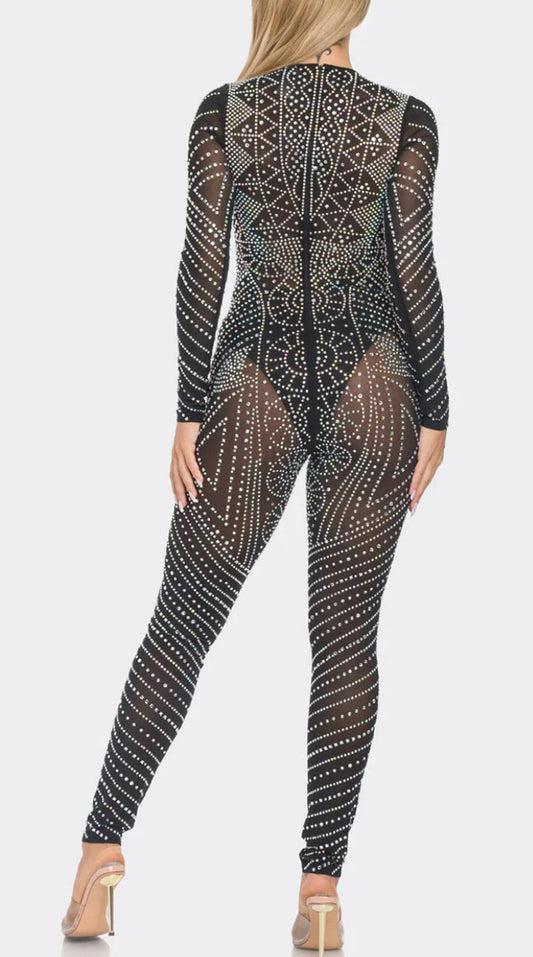 BLACK WOMEN'S LONG SLEEVE STUDS MESH JUMPSUIT BJS12918
